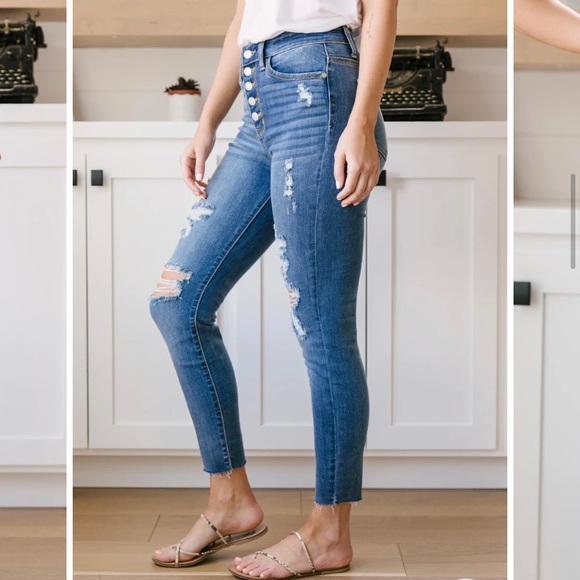 Judy Blue High Rise ButtonUp Straight Ripped Jeans - Picture 3 of 13